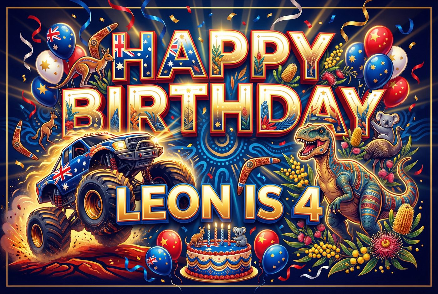 Leon's 4th Birthday · My Country placemat — Australian theme, monster truck and dinosaurs