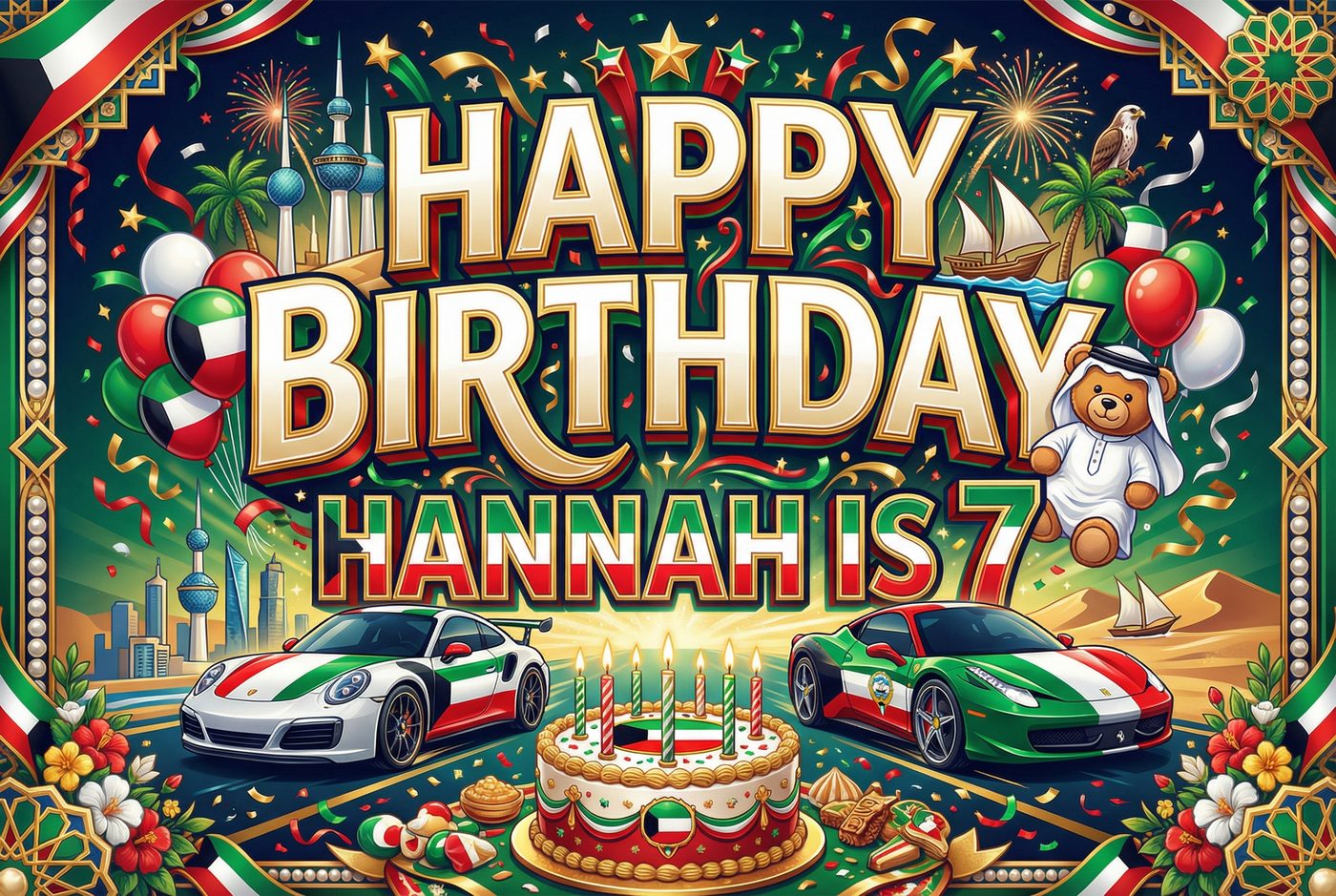 Hannah's 7th Birthday · My Country placemat — Kuwaiti theme, sports cars and Kuwait Towers