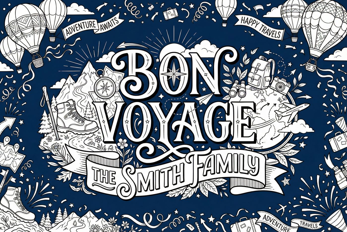 Bon Voyage — The Smith Family placemat — adventure travel coloring style