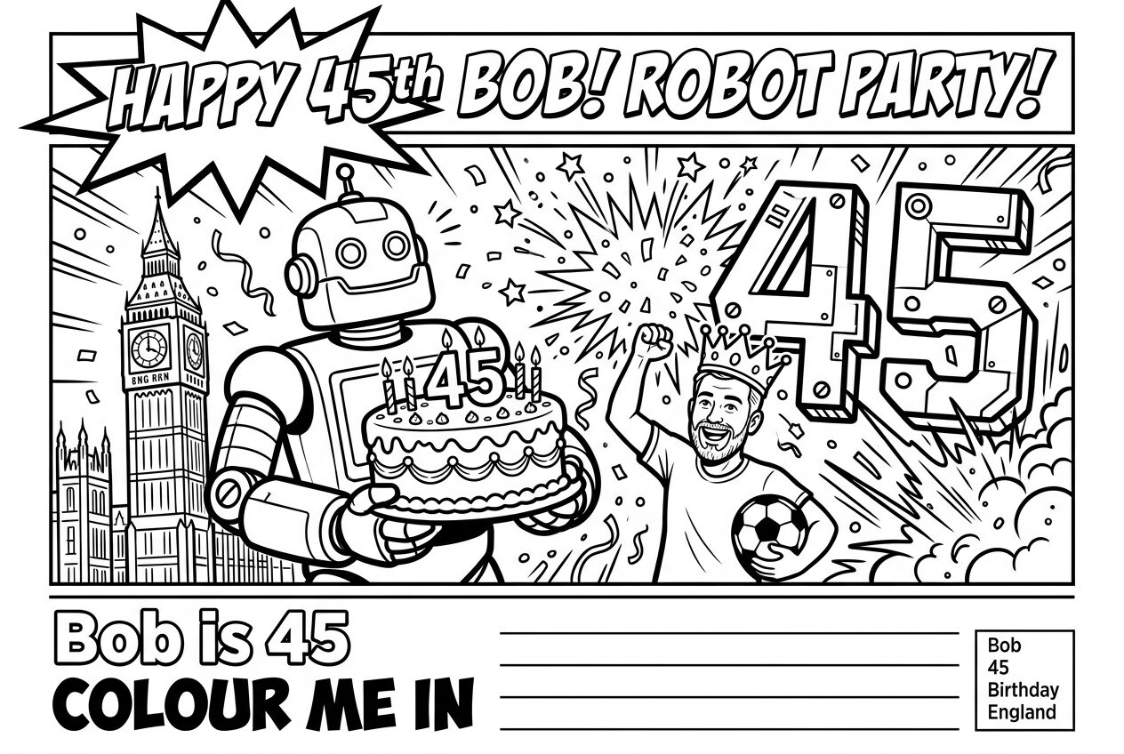 Bob is 45 · Birthday · Comic Bold Lines — England
